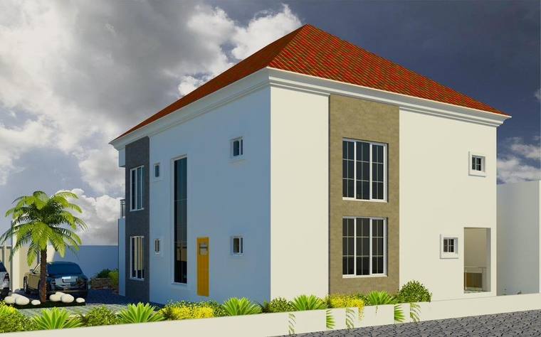 Architectural render of the rear of the house, showing the stone-clad bay and a door at ground level.