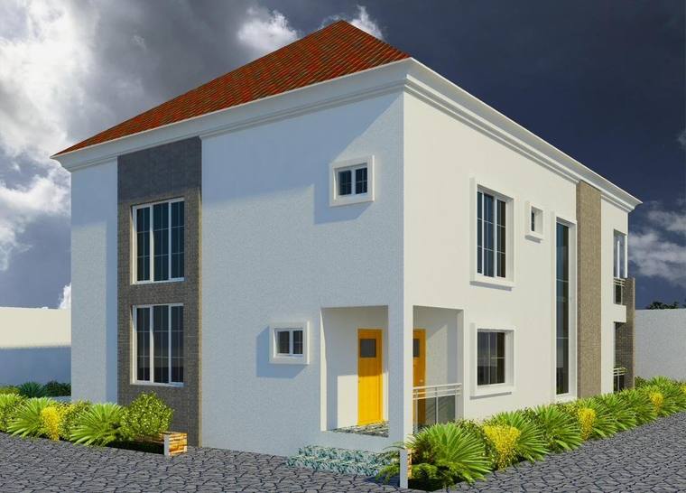 Architectural render of the side elevation, showing the depth of the two-storey plan and the window arrangement.
